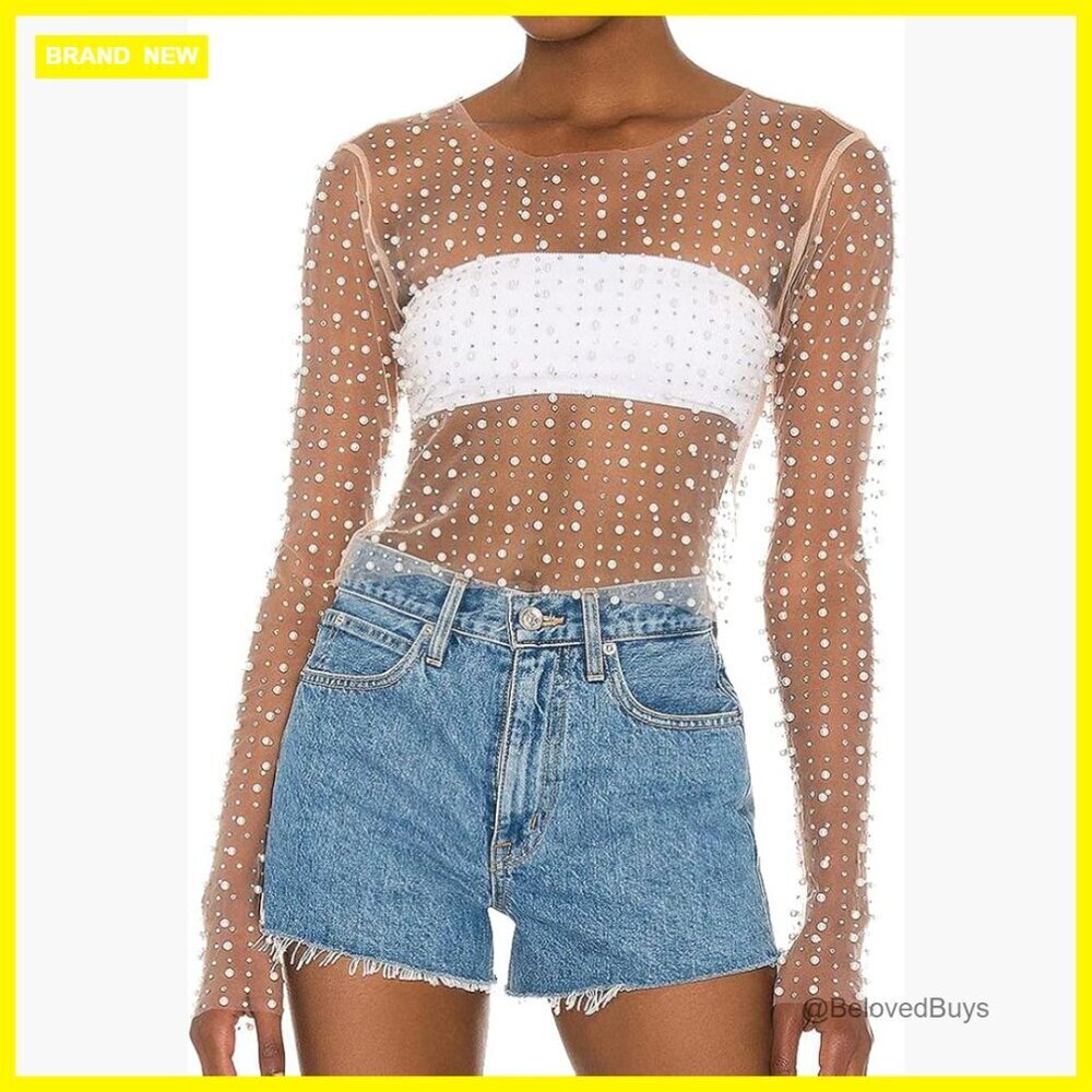 Sheer Mesh Crop Top Long Sleeve Rhinestone Pearls Blouse Clubwear